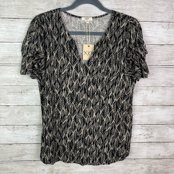 Nic+Zoe Tops Nzt Sketched Leaves Flutter Sleeve Split Neck Tee Size Medium - Picture 4 of 8